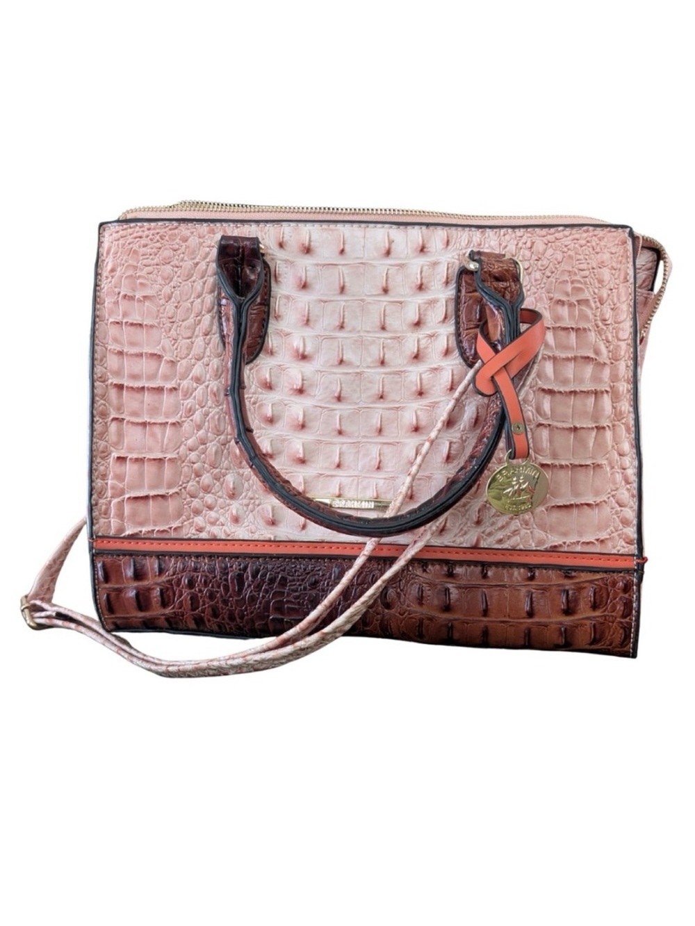 Brahmin Inspired Croc-Embossed Pink & Brown Satchel and Matching Wristlet